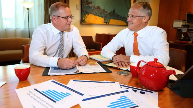 PLANNING FOR THE FUTURE: Treasurer Scott Morrison and Prime Minister Malcolm Turnbull discuss the 2016 budget. Source: News Corp Australia PLANNING FOR THE FUTURE: Treasurer Scott Morrison and Prime Minister Malcolm Turnbull discuss the 2016 budget. Source: News Corp Australia