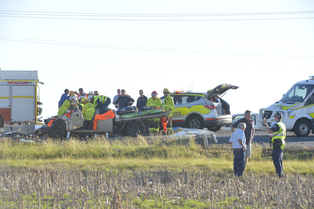 The ute involved in a crash with a school bus on the New England Hwy. The ute involved in a crash with a school bus on the New England Hwy.