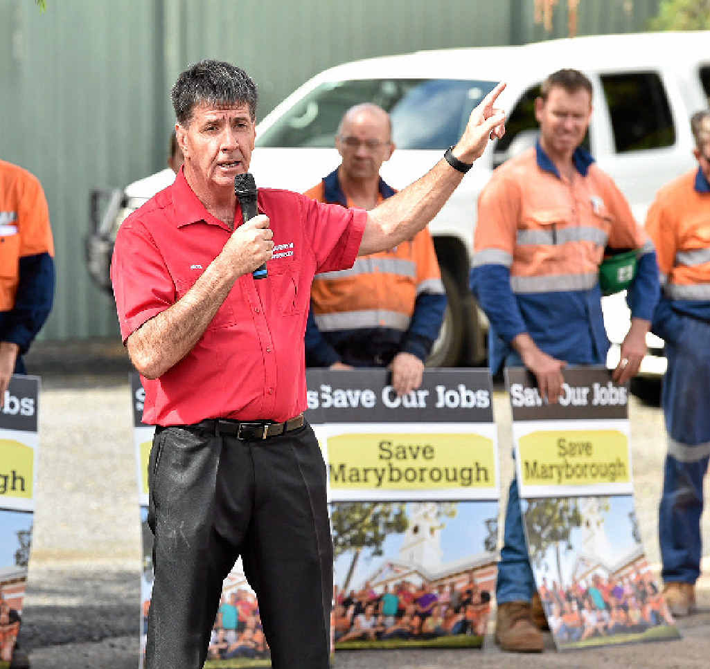 UNITED FRONT: Member for Maryborough Bruce Saunders joined Downer EDI workers rallying for more company contracts to safeguard jobs. UNITED FRONT: Member for Maryborough Bruce Saunders joined Downer EDI workers rallying for more company contracts to safeguard jobs.