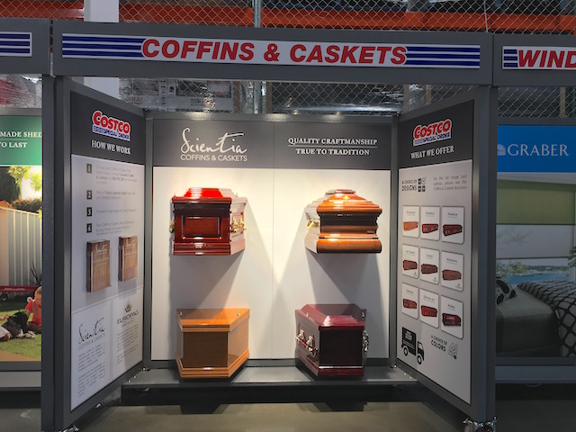 The Costco display of Scientia coffins and caskets which will be rolled out to all of its Australia stores within months. The Costco display of Scientia coffins and caskets which will be rolled out to all of its Australia stores within months.