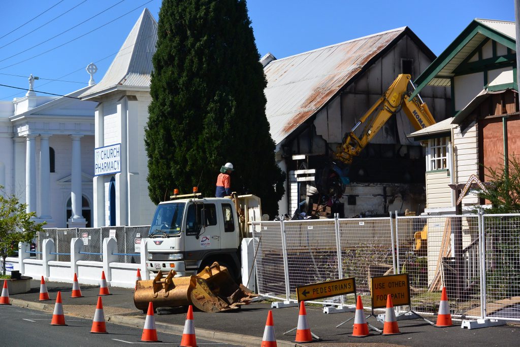 Church Pharmacy is being demolished after a fire ripped through the building. Photo: Craig Warhurst/News mail Church Pharmacy is being demolished after a fire ripped through the building. Photo: Craig Warhurst/News mail