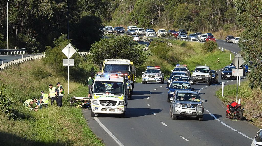 Motorbike crash on the Warrego Highway on Sunday afternoon.Photo: Leigh Grainger Motorbike crash on the Warrego Highway on Sunday afternoon.Photo: Leigh Grainger