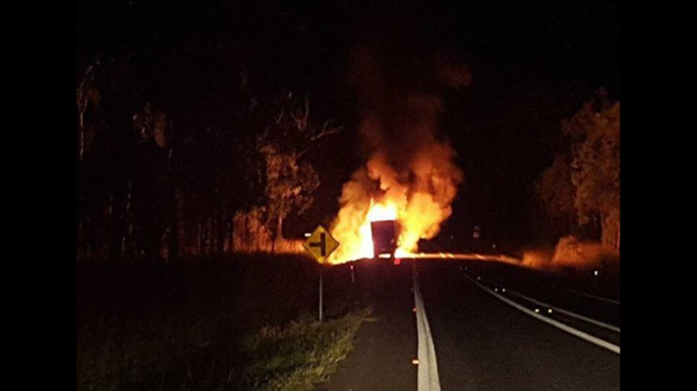 The blaze raging on the Bruce Hwy, just south of Miriam Vale. The blaze raging on the Bruce Hwy, just south of Miriam Vale.