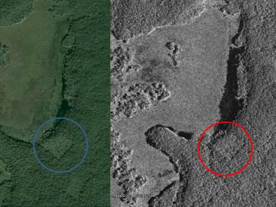 Satellite images compared with Google Earth show potentially man-made structures beneath the jungle canopy (Canadian Space Agency) Satellite images compared with Google Earth show potentially man-made structures beneath the jungle canopy (Canadian Space Agency)