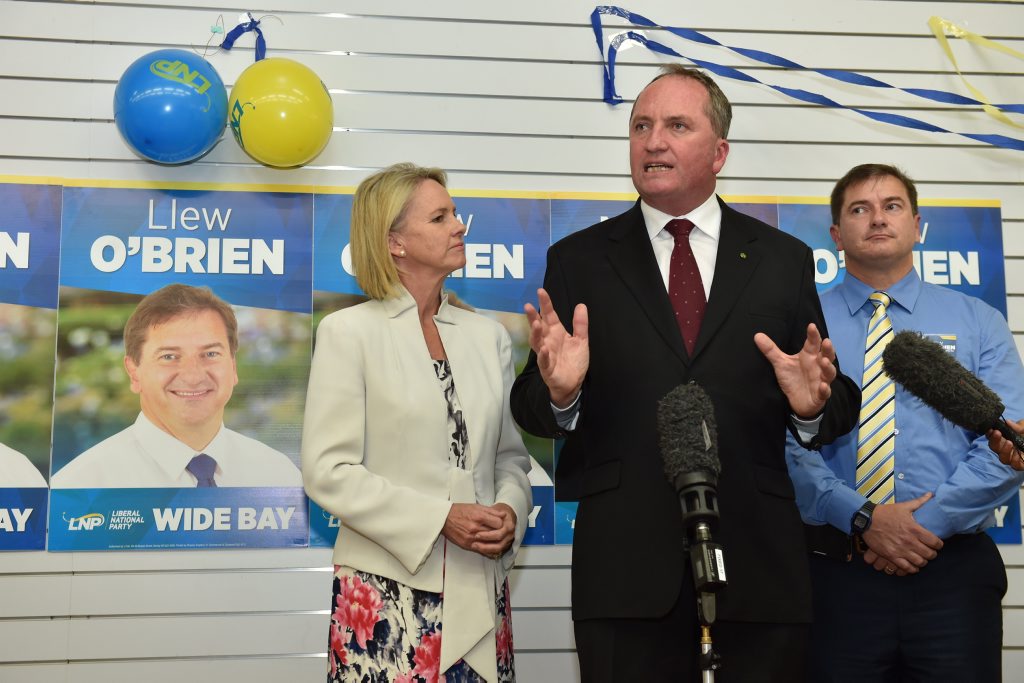 Launch of candidate for Wide Bay Llew O'Brien's election campaign office in Maryborough - (L) Fiona Nash, Nationals leader Barnaby Joyce and Llew O'Brien.Photo: Alistair Brightman / Fraser Coast Chronicle Launch of candidate for Wide Bay Llew O'Brien's election campaign office in Maryborough - (L) Fiona Nash, Nationals leader Barnaby Joyce and Llew O'Brien.Photo: Alistair Brightman / Fraser Coast Chronicle