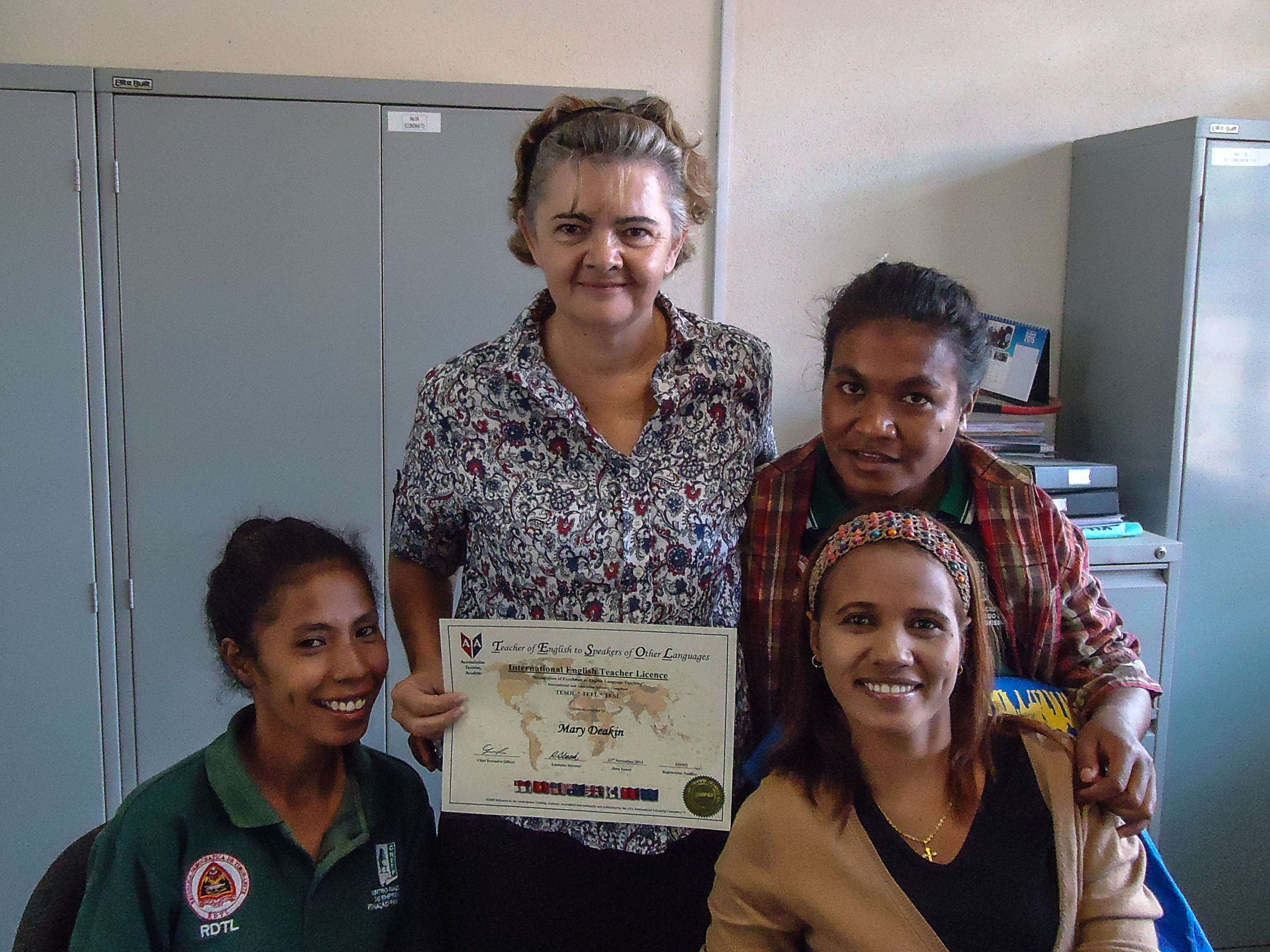 CHANGING LIVES: Former Toowoomba woman Mary Deakin (second right) with three staff members from The National Centre of Employment and Professional Training (CNEFP) in Tibar, Timor-Leste. CHANGING LIVES: Former Toowoomba woman Mary Deakin (second right) with three staff members from The National Centre of Employment and Professional Training (CNEFP) in Tibar, Timor-Leste.