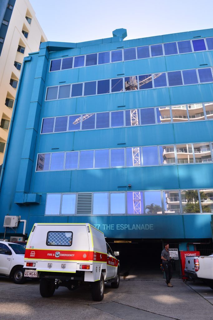 The fire ignited in the car park of a Mooloolaba Esp high-rise building. The fire ignited in the car park of a Mooloolaba Esp high-rise building.
