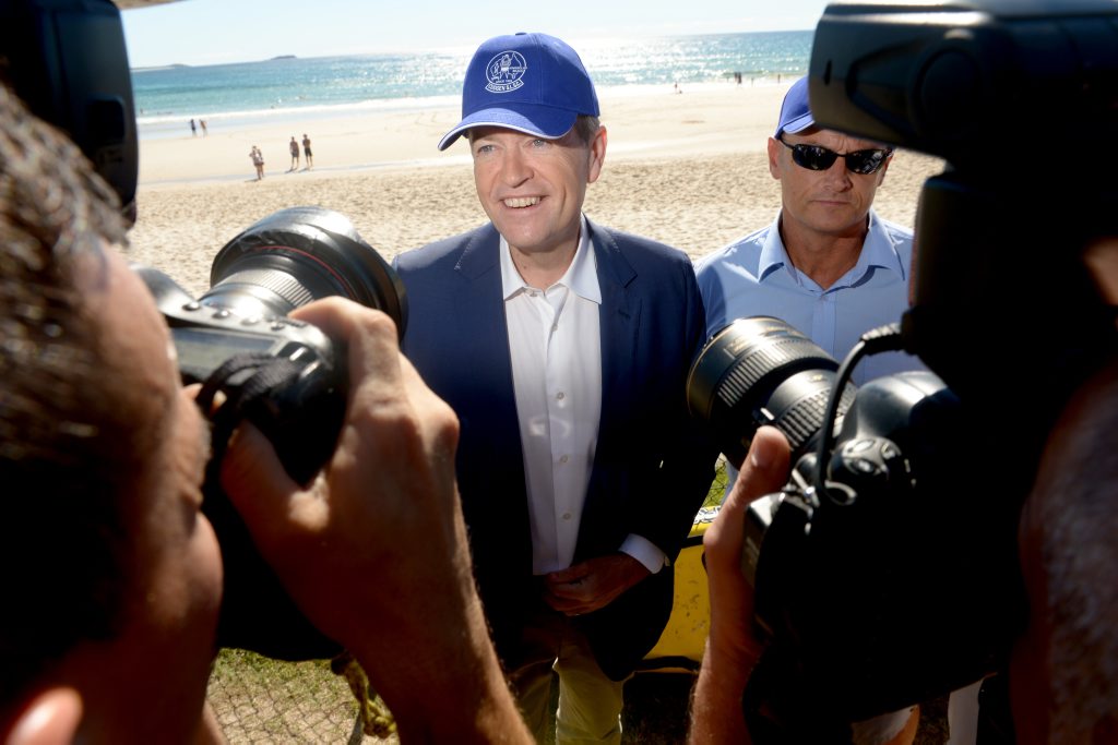 Opposition leader Bill Shorten tries on a hat from Cudgen Surf Life Saving Club in Kingscliff on Sunday, May 15, 2016. Opposition leader Bill Shorten tries on a hat from Cudgen Surf Life Saving Club in Kingscliff on Sunday, May 15, 2016.