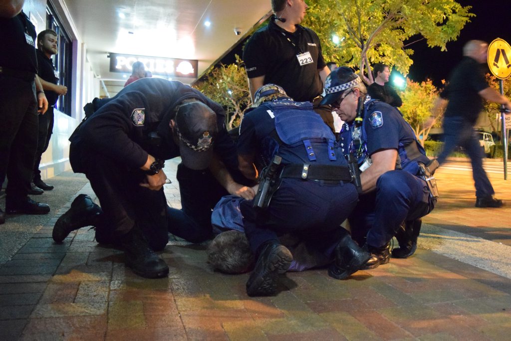 OPERATION JABBAH: Police restrain a man on Bourbong St earlier this month. OPERATION JABBAH: Police restrain a man on Bourbong St earlier this month.