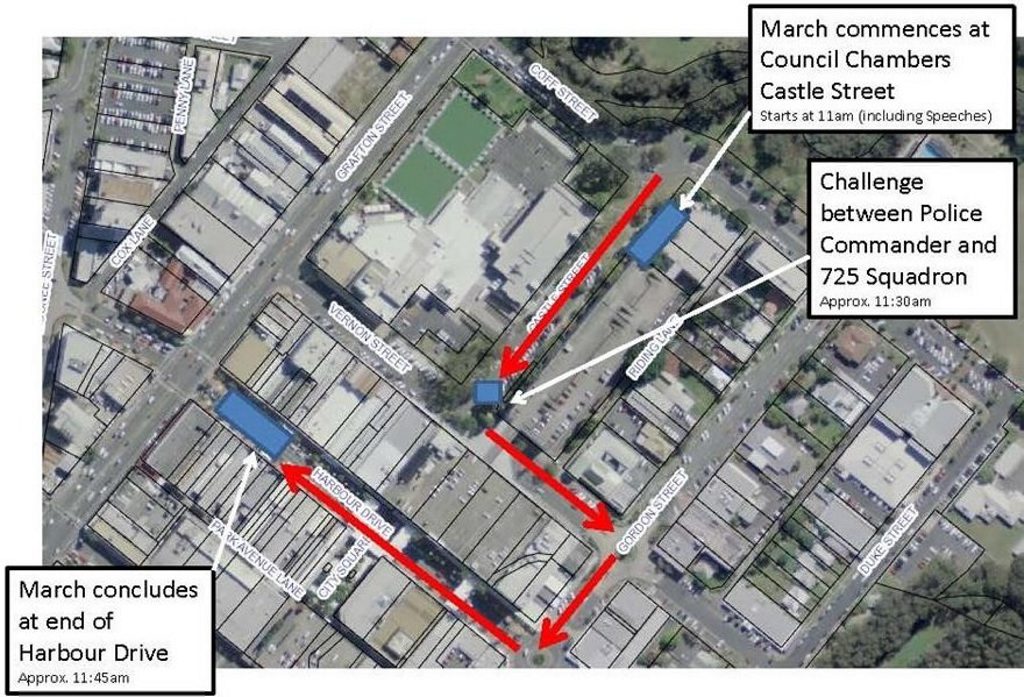 A map showing the route the 725 Squadron will be taking during its Freedom of Entry march through the Coffs Harbour CBD.