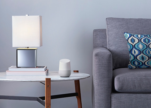 The Google Home device. The Google Home device.