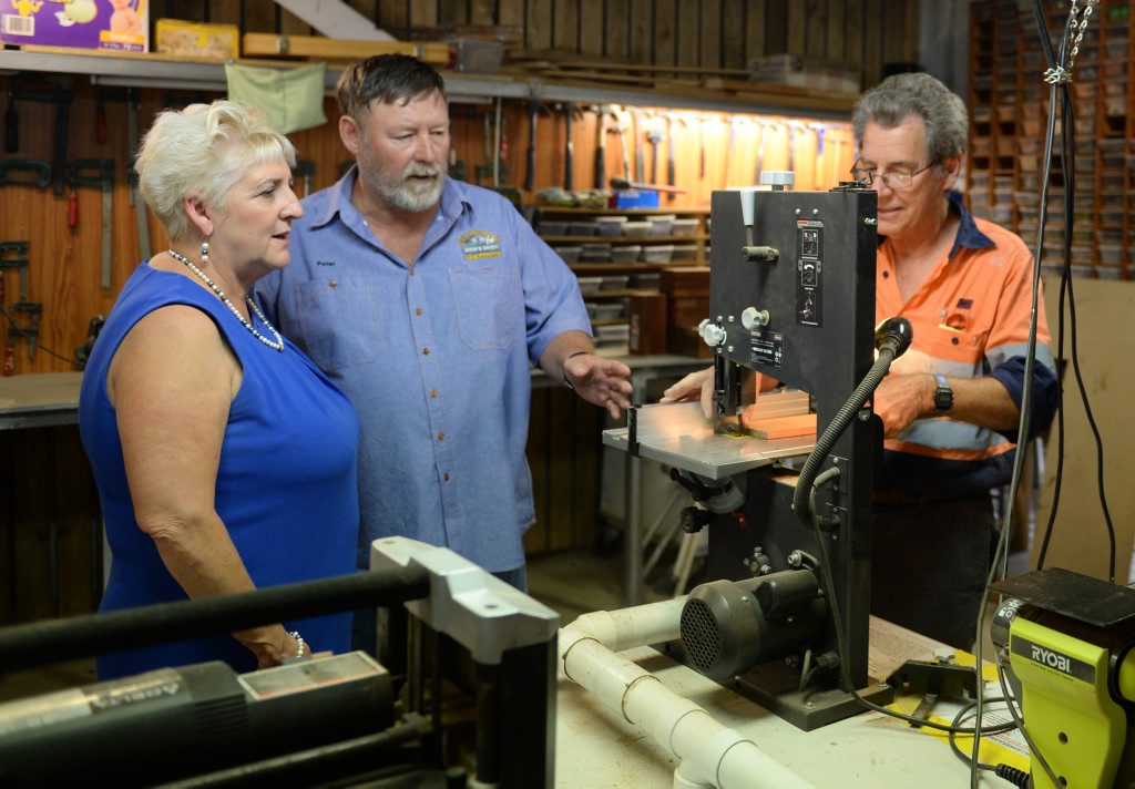 Peter Tyler and Ken Knott show Michelle Landry around Berserker PCYC Men's Shed. Photo Allan Reinikka / The Morning Bulletin Peter Tyler and Ken Knott show Michelle Landry around Berserker PCYC Men's Shed. Photo Allan Reinikka / The Morning Bulletin