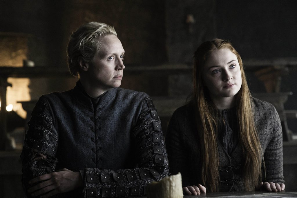 Gwendoline Christie and Sophie Turner in a scene from season six episode five of Game of Thrones. Gwendoline Christie and Sophie Turner in a scene from season six episode five of Game of Thrones.
