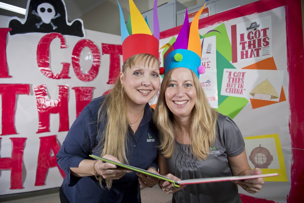 Library staff Veronica Shaw and Nita Matzky-Sting will be setting up for the simultaneous story time which will be held next week. May 18th, 2016.