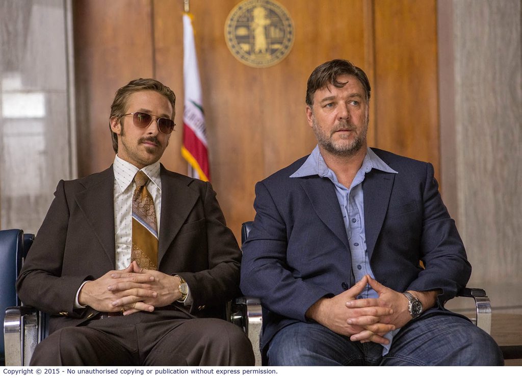 Ryan Gosling and Russell Crowe in a scene from the movie The Nice Guys. Ryan Gosling and Russell Crowe in a scene from the movie The Nice Guys.