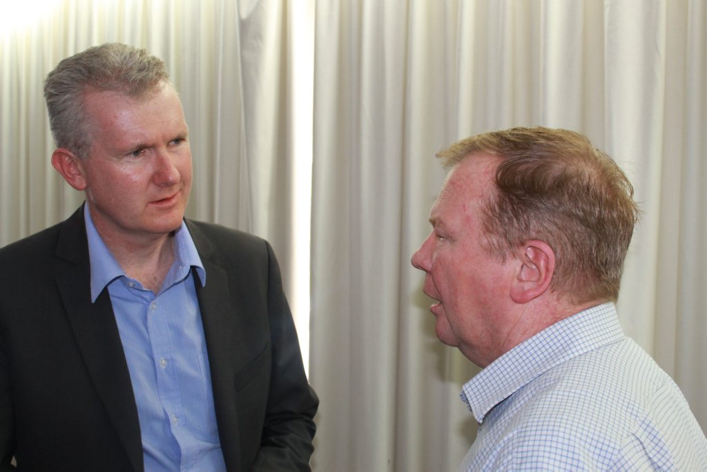 Tony Burke MP, Shadow Minister for Finance, speaks with Labor candidate for Dawson Frank Gilbert following a meeting with Dawson industry representatives. Tony Burke MP, Shadow Minister for Finance, speaks with Labor candidate for Dawson Frank Gilbert following a meeting with Dawson industry representatives.