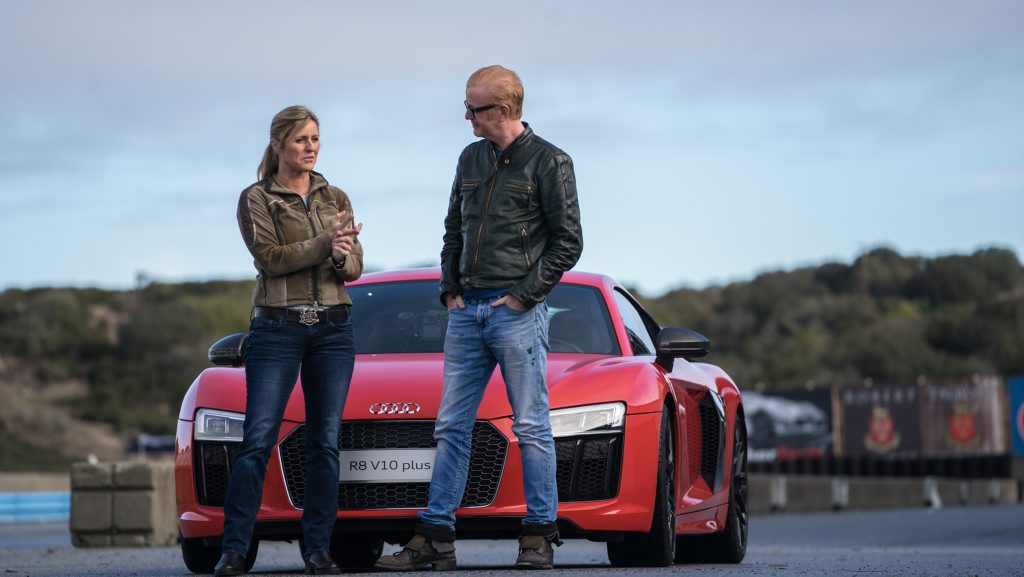 Sabine Schmitz and Chris Evans with the Audi R8 V10 Plus on Top Gear. Photo: Contributed. Sabine Schmitz and Chris Evans with the Audi R8 V10 Plus on Top Gear. Photo: Contributed.