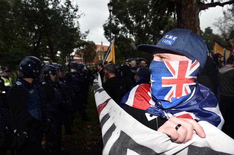 Anti-immigration protesters clash with police in Coburg in Melbourne, Saturday, May 28, 2016. Anti-immigration protesters clash with police in Coburg in Melbourne, Saturday, May 28, 2016.