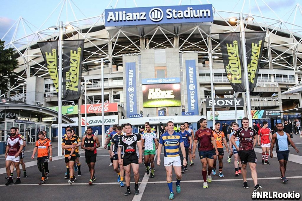 Reece Maughan (front left) outside of Allianz Stadium during the NRL Rookie.