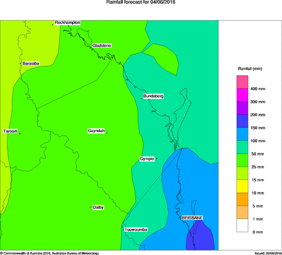 Rain forecast for the Wide Bay Region, Saturday, June 4 2016. Image courtesy Bureau of Meteorology. Rain forecast for the Wide Bay Region, Saturday, June 4 2016. Image courtesy Bureau of Meteorology.