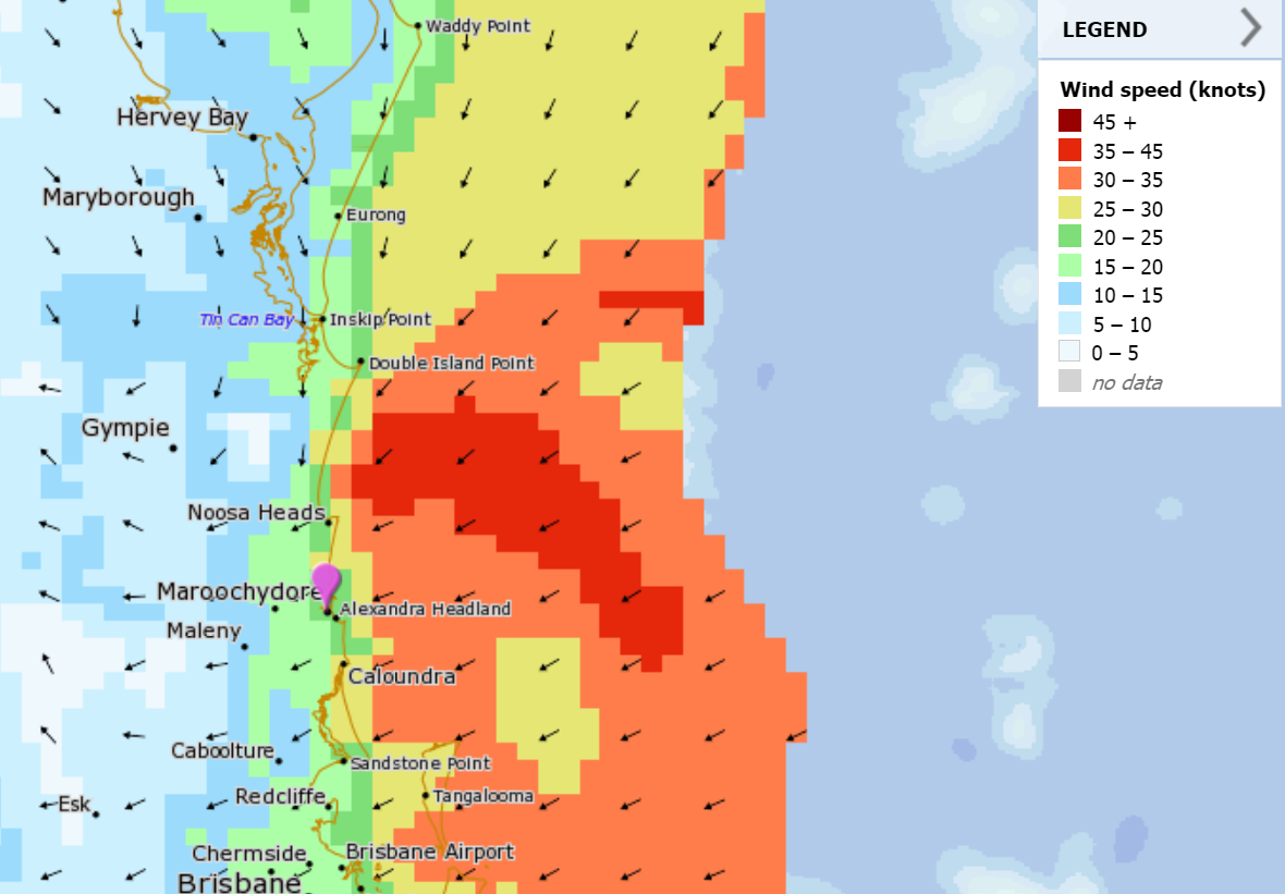 The dark red area shown here on the BOM's Met Eye tool shows the winds off the Coast will be howling - sending a very strong pulse of swell our way. The dark red area shown here on the BOM's Met Eye tool shows the winds off the Coast will be howling - sending a very strong pulse of swell our way.