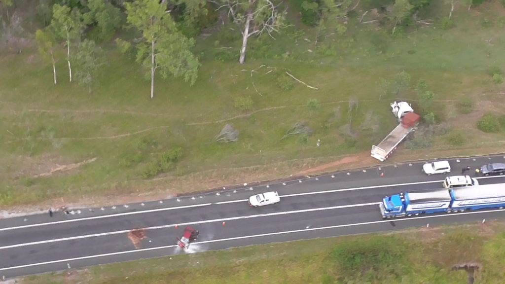 Three people in a suspected stolen car crashed into a truck on the Bruce Hwy this morning 13km south of Miriam Vale. Three people in a suspected stolen car crashed into a truck on the Bruce Hwy this morning 13km south of Miriam Vale.