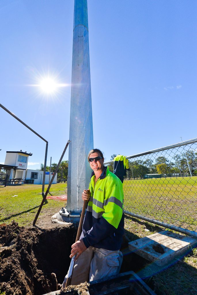 The new light towers are up at BITS football ground. In 2 weeks' time the elevated work platform will be here to put the lights up. This tower is on a concrete foundation that goes 5.5 meters down and there was 18 cubic meters of concrete used. Adam Tregea and Jay Hillier from BRL Electrical will at the ground until the end of the week getting all of the electrical cables ready for the lights and then back in 2 weeks to install them. Photo Mike Richards / The Observer The new light towers are up at BITS football ground. In 2 weeks' time the elevated work platform will be here to put the lights up. This tower is on a concrete foundation that goes 5.5 meters down and there was 18 cubic meters of concrete used. Adam Tregea and Jay Hillier from BRL Electrical will at the ground until the end of the week getting all of the electrical cables ready for the lights and then back in 2 weeks to install them. Photo Mike Richards / The Observer