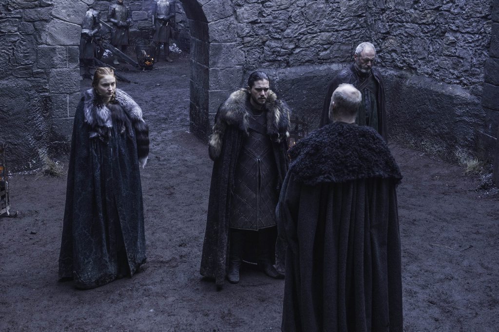 Sophie Turner, Kit Harington, Liam Cunningham and Tim McInnerny in a scene from Game of Thrones. Sophie Turner, Kit Harington, Liam Cunningham and Tim McInnerny in a scene from Game of Thrones.