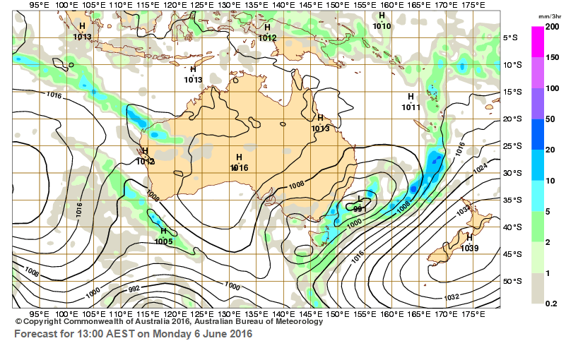 The East Coast Low is now making it's way out to sea as this image from the BOM shows - it now perched off Merimbula on the NSW South Coast. The East Coast Low is now making it's way out to sea as this image from the BOM shows - it now perched off Merimbula on the NSW South Coast.