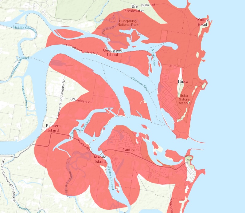 Tsunami evacuation zone map for Yamba and northern NSW east coast near Grafton. (CHRIS) Tsunami evacuation zone map for Yamba and northern NSW east coast near Grafton. (CHRIS)