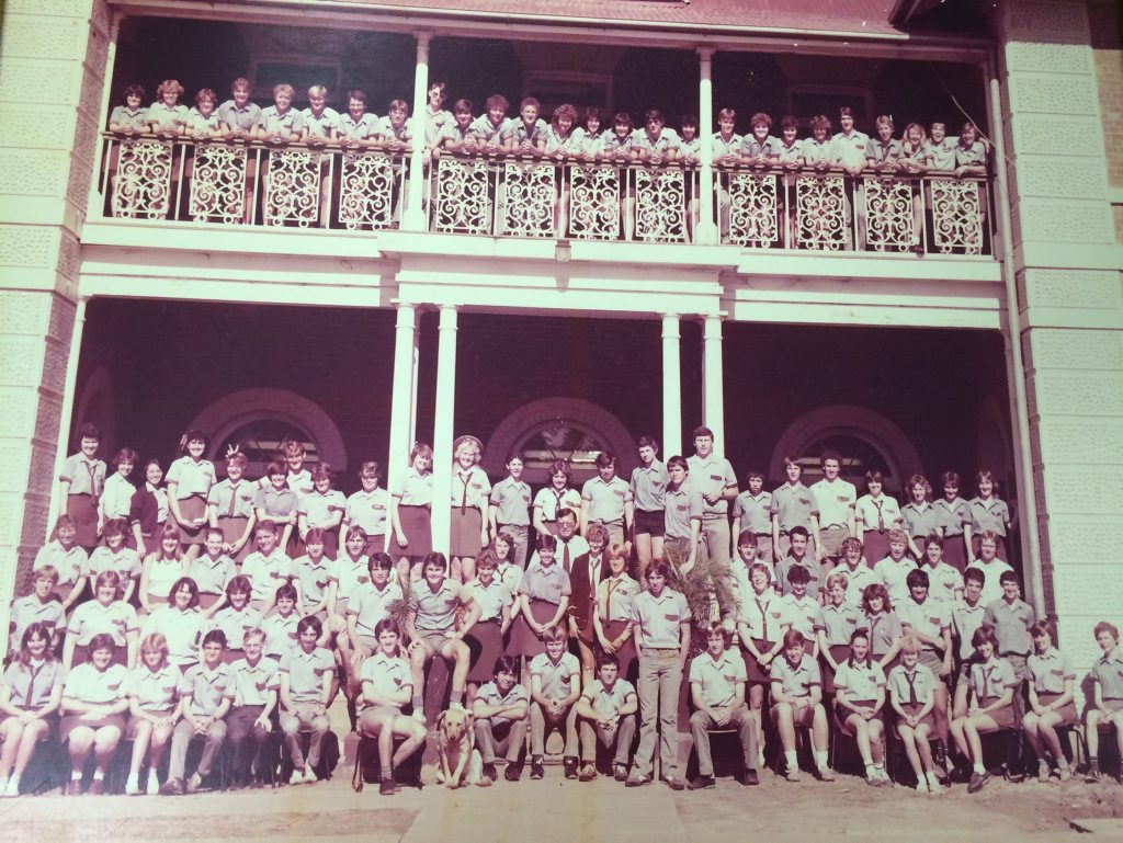 Maryborough State High senior class of 1984, wearing the school's blue and brown colours. Maryborough State High senior class of 1984, wearing the school's blue and brown colours.