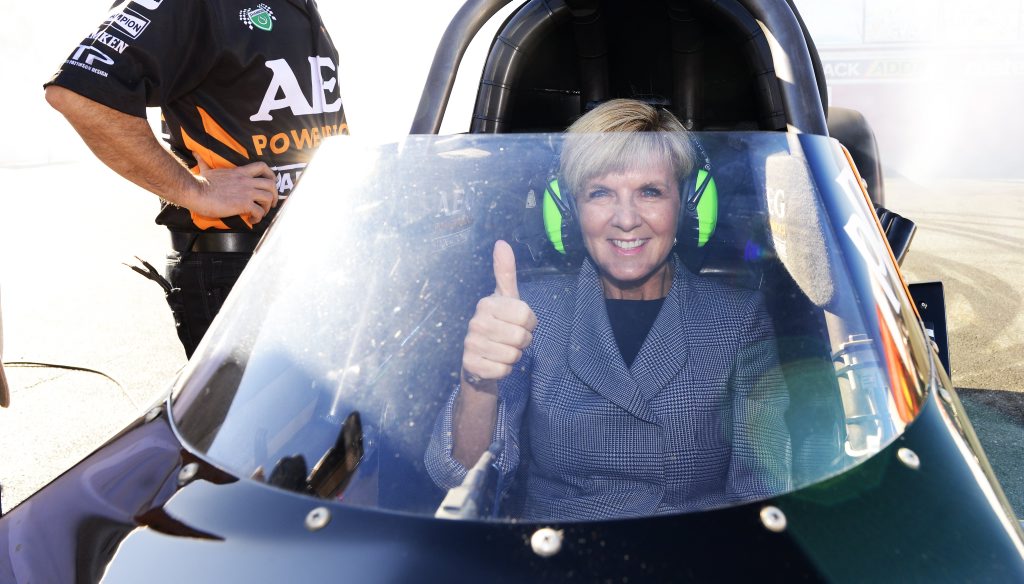 Julie Bishop MP gets a taste of a top fueler drag car at Willowbank Raceway on Wednesday Julie Bishop MP gets a taste of a top fueler drag car at Willowbank Raceway on Wednesday