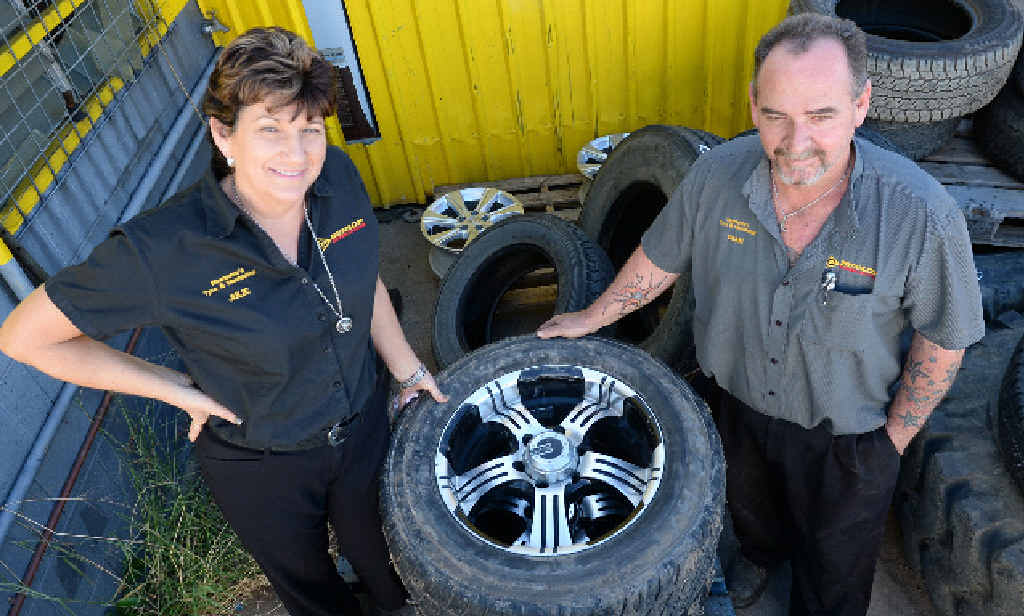 SOCIAL MEDIA: Julie Newsome and Dean Brahman at Newsome’s Tyre and Mechanical with the wheels that were stolen and then returned. SOCIAL MEDIA: Julie Newsome and Dean Brahman at Newsome’s Tyre and Mechanical with the wheels that were stolen and then returned.
