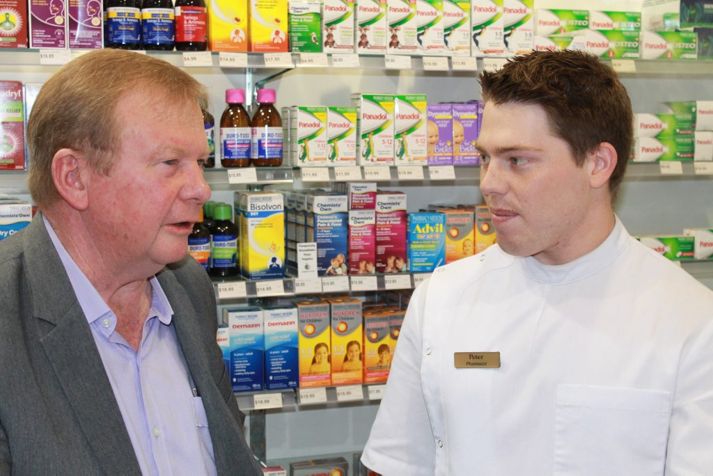 Labor candidate for Dawson Frank Gilbert speaks with Red Apple Chemist pharmicist Peter Ford about the health system and Pharmaceutical Benefits Scheme. Labor candidate for Dawson Frank Gilbert speaks with Red Apple Chemist pharmicist Peter Ford about the health system and Pharmaceutical Benefits Scheme.