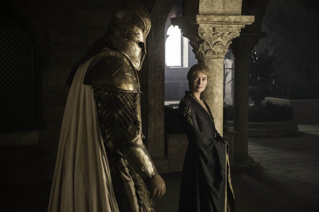Hafpor Julius Bjornsson and Lena Headey in a scene from season six episode eight of Game of Thrones. Hafpor Julius Bjornsson and Lena Headey in a scene from season six episode eight of Game of Thrones.
