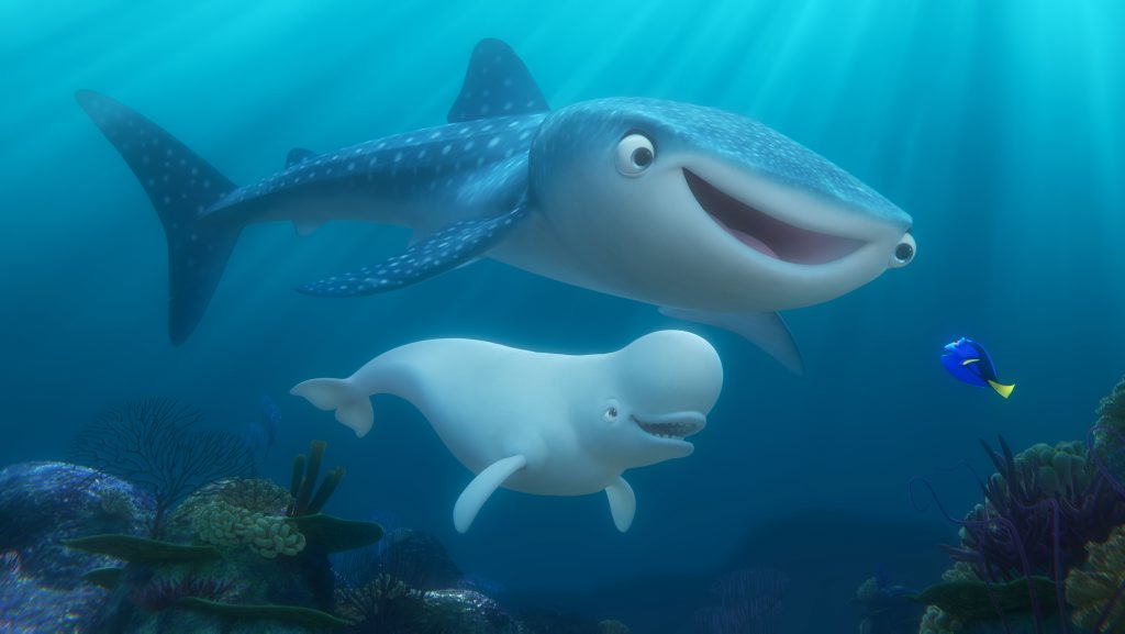 Whale shark Destiny and beluga whale Bailey with Dory in a scene from the movie Finding Dory. Whale shark Destiny and beluga whale Bailey with Dory in a scene from the movie Finding Dory.