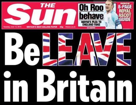 The Sun's front page in support of Britain leaving the European Union. The Sun's front page in support of Britain leaving the European Union.