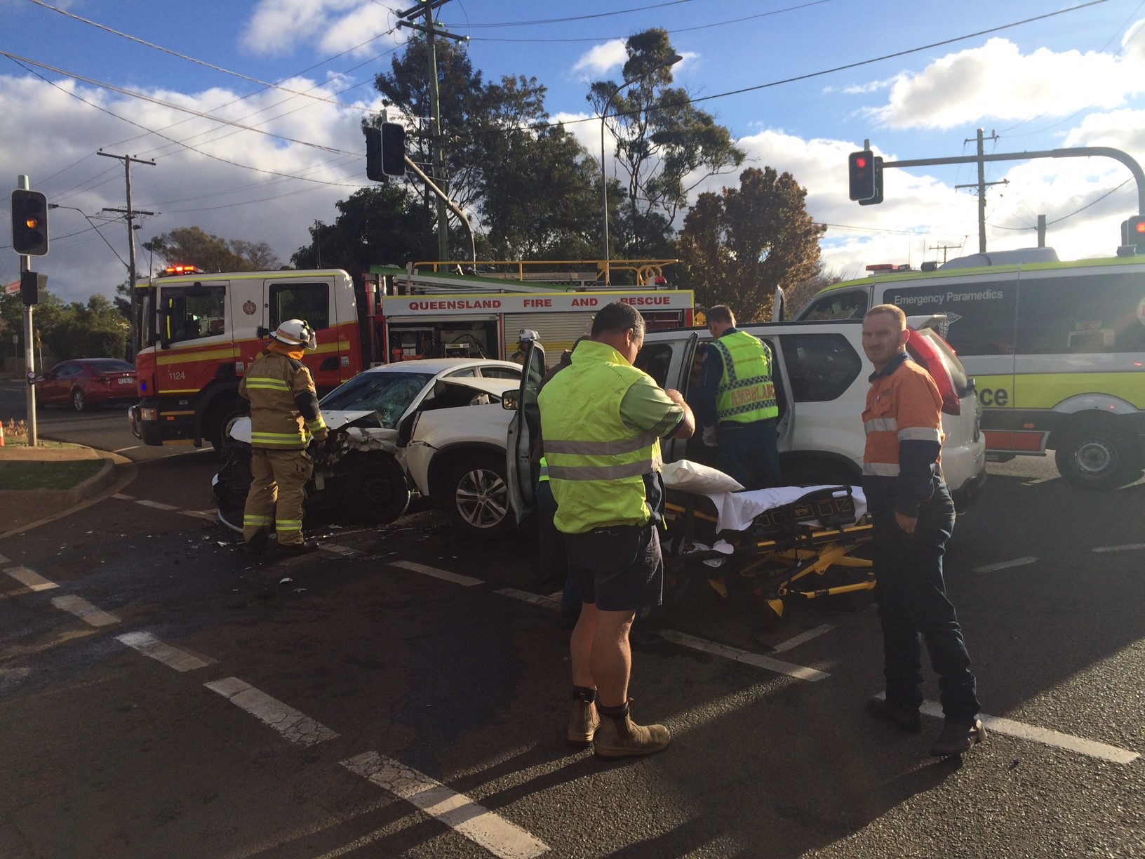 Several people have been hurt in this two-vehicle crash in Toowoomba. Several people have been hurt in this two-vehicle crash in Toowoomba.