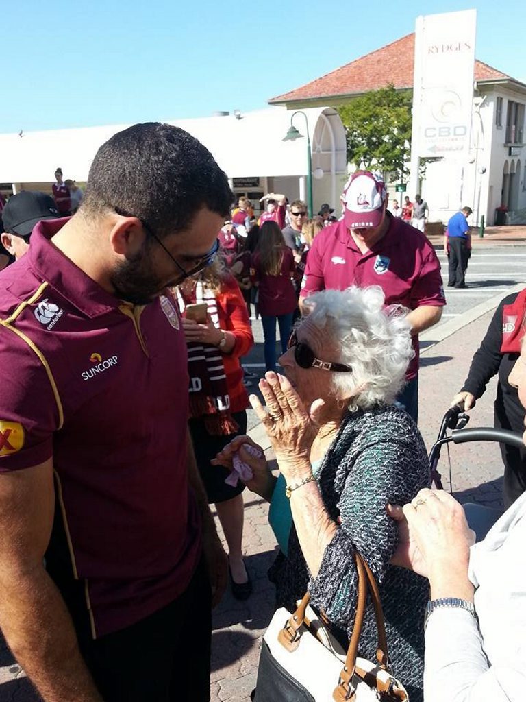 June Linnane is a big Greg Inglis fan, so when he stopped and made a beeline straight for her at the Fan Day, June was beside herself. Photo: Contributed. June Linnane is a big Greg Inglis fan, so when he stopped and made a beeline straight for her at the Fan Day, June was beside herself. Photo: Contributed.