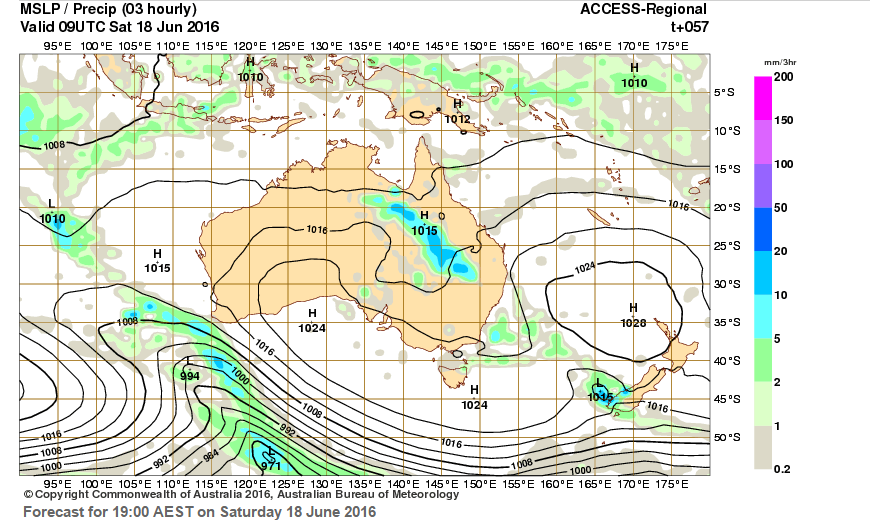 Bureau of Meterology forecast for 7pm on Saturday June 18 as at Thursday June 16. Bureau of Meterology forecast for 7pm on Saturday June 18 as at Thursday June 16.