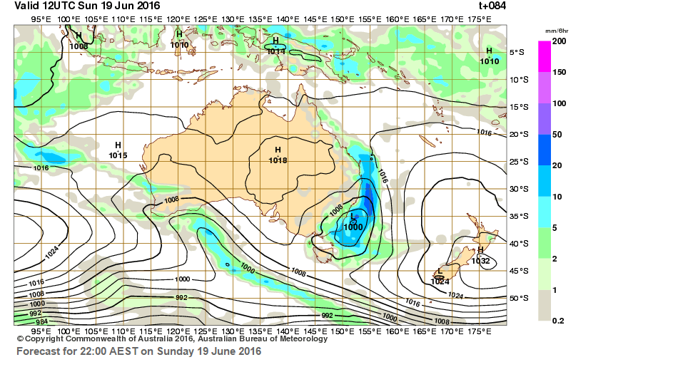 BOM forecast for Sunday June 19 at 10pm as at 7pm on Thursday June 16 BOM forecast for Sunday June 19 at 10pm as at 7pm on Thursday June 16