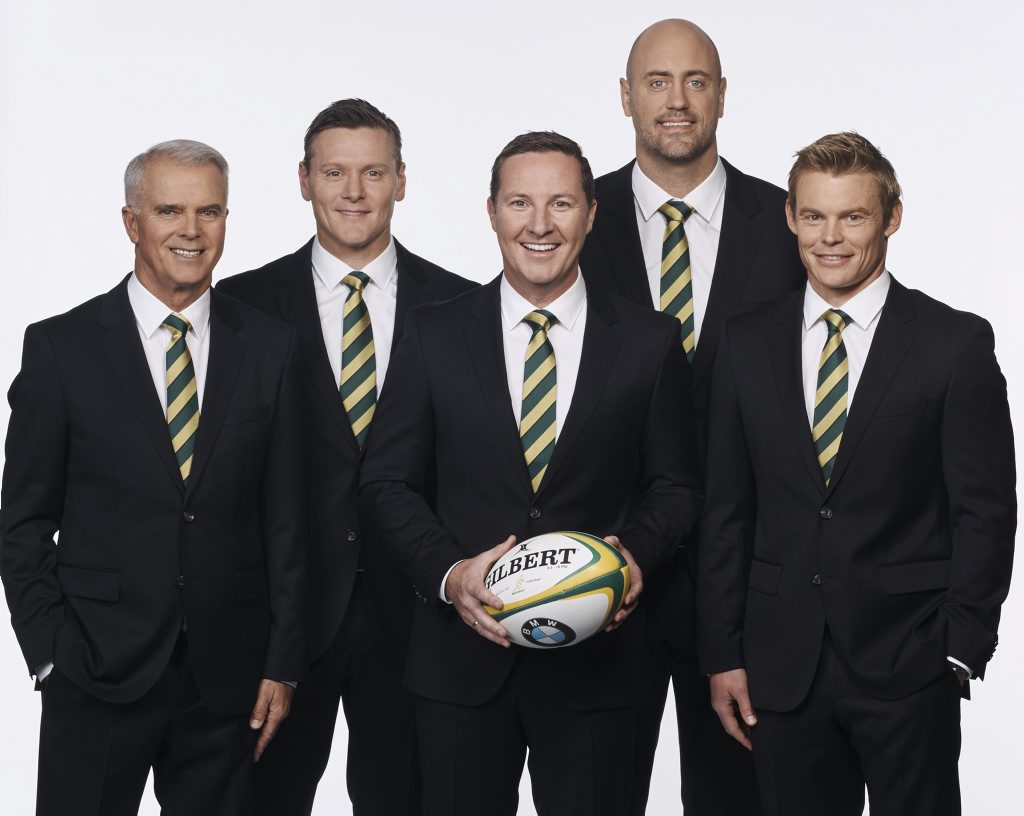 VETERAN CALLER: Test rugby commentator Gordon Bray (left) with his co-commentators Matt Burke, Matt White, Nathan Sharpe and Scott Mackinnon from TEN Sport. VETERAN CALLER: Test rugby commentator Gordon Bray (left) with his co-commentators Matt Burke, Matt White, Nathan Sharpe and Scott Mackinnon from TEN Sport.