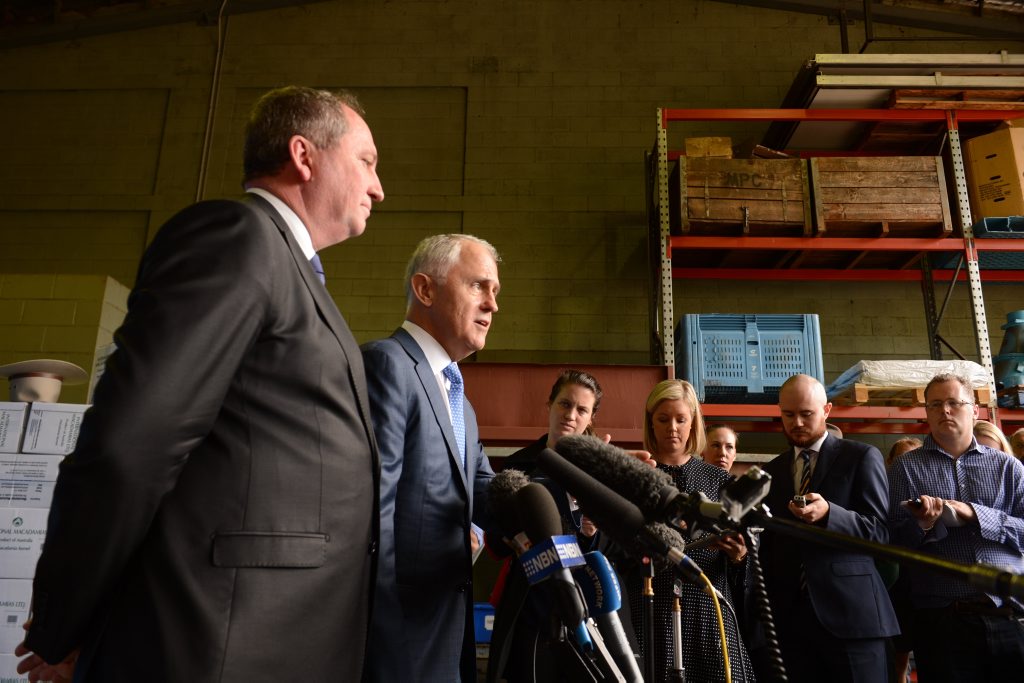 Prime Minister Malcolm Turnbull visits the Macadamia Processing Company at Alphadale with Page MP Kevin Hogan and Deputy Barnaby Joyce.
