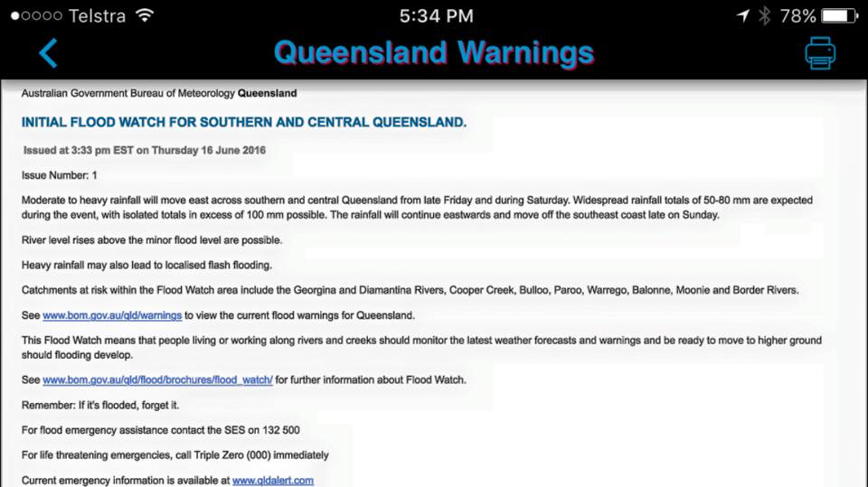 A flood watch alert issued by the Bureau of Meteorology. A flood watch alert issued by the Bureau of Meteorology.