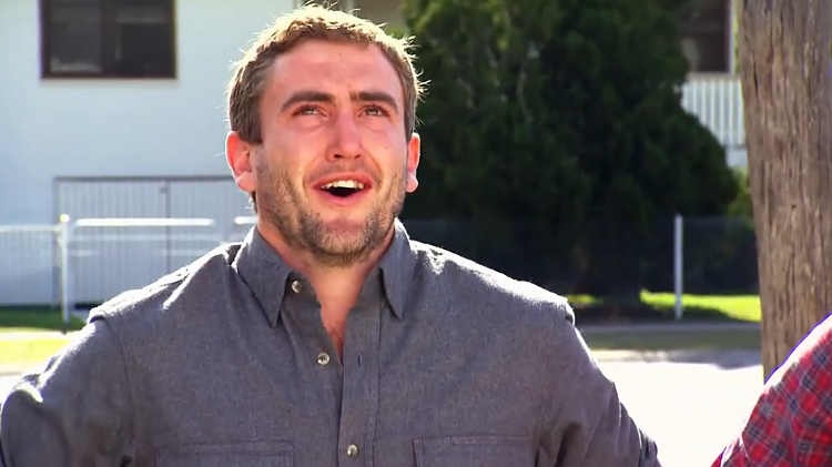 Luke Cook reacts to the new front yard of his Dalby home on House Rules. Luke Cook reacts to the new front yard of his Dalby home on House Rules.