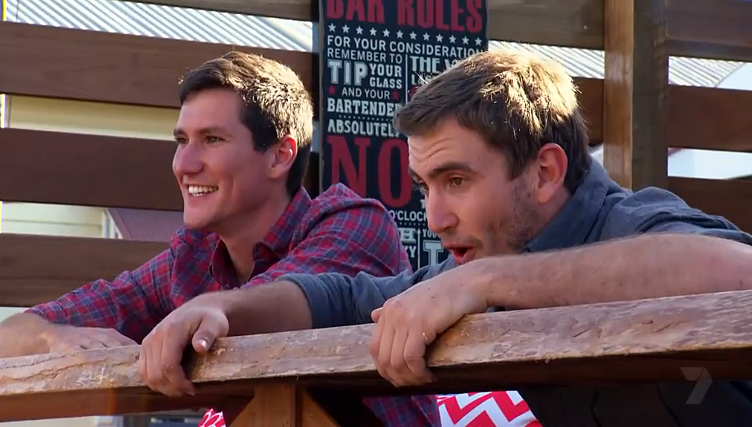 Luke and Cody Cook react to their new backyard bar on House Rules. Luke and Cody Cook react to their new backyard bar on House Rules.