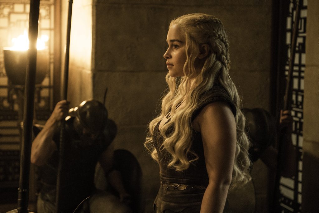 Emilia Clarke in a scene from season six episode eight of Game of Thrones. 