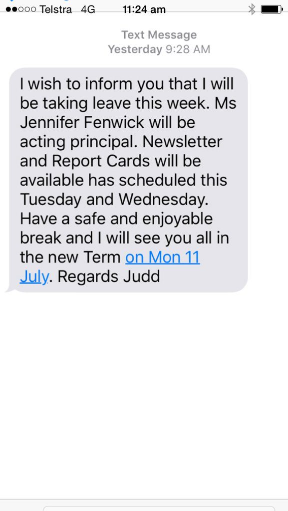 Ruth Christodoulou received a text message on Saturday morning from Peak Crossing State School principal Judd Mackie.Photo Contributed Ruth Christodoulou received a text message on Saturday morning from Peak Crossing State School principal Judd Mackie.Photo Contributed