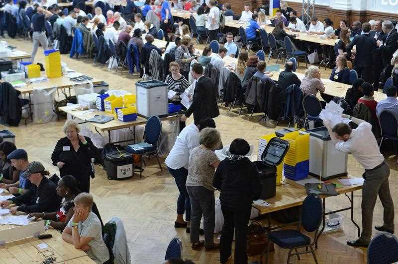 Ballots from the City of Westminster and City of London are counted at the Lindley Hall, Royal Horticultural Halls, in London, Britain, 23 June 2016. Counting gets underway in the referendum on the UK's membership of the European Union. Ballots from the City of Westminster and City of London are counted at the Lindley Hall, Royal Horticultural Halls, in London, Britain, 23 June 2016. Counting gets underway in the referendum on the UK's membership of the European Union.
