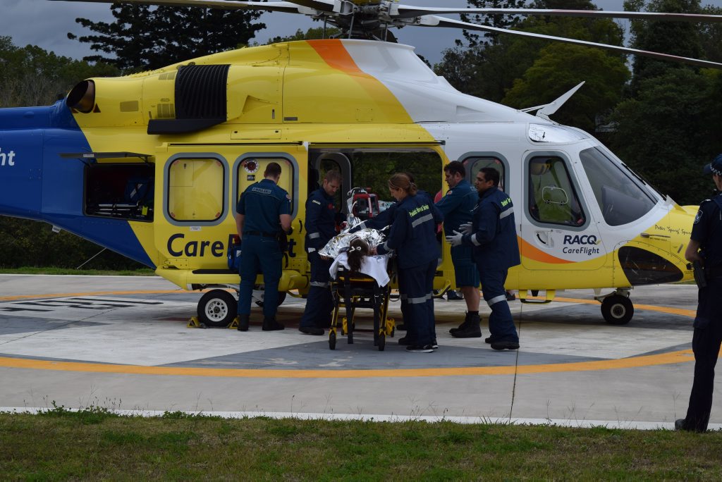 The 12-year-old Monkland girl who suffered serious burns and smoke inhalation in a house fire is transferred to a Careflight helicopter to be flown to Lady Cilento Children's Hospital. The 12-year-old Monkland girl who suffered serious burns and smoke inhalation in a house fire is transferred to a Careflight helicopter to be flown to Lady Cilento Children's Hospital.
